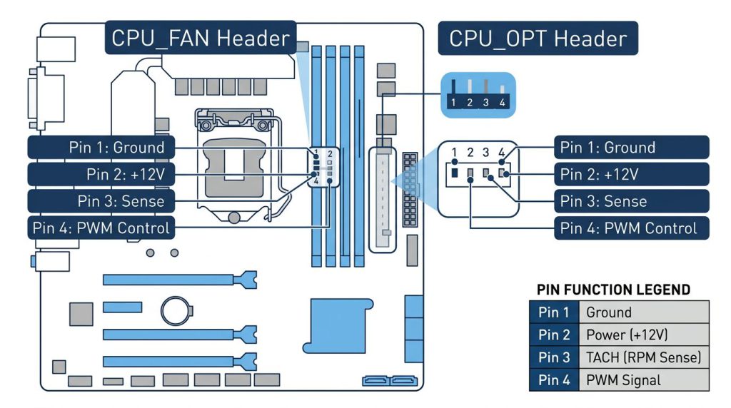 cpu opt vs cpu fan header motherboard diagram pin configuration