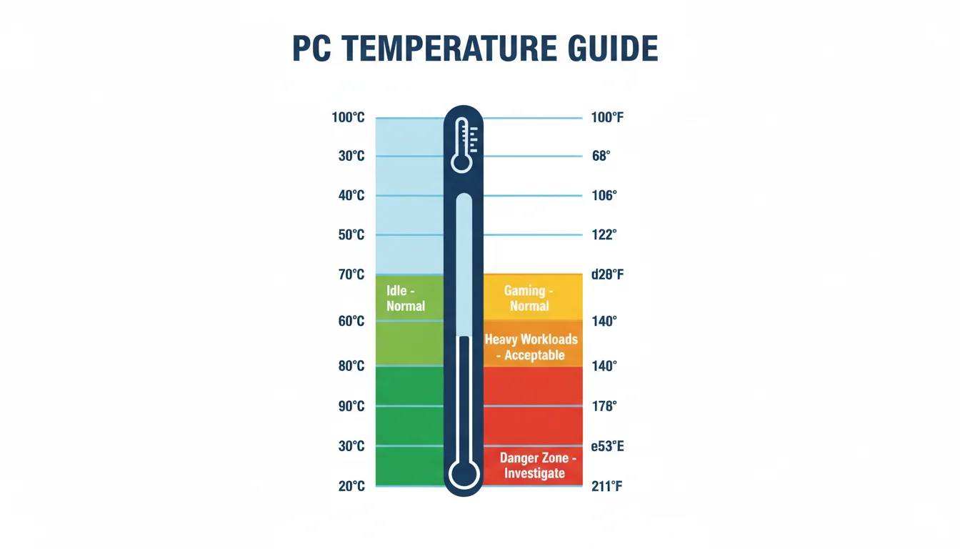 CPU temperature scale diagram showing safe idle, gaming, and danger zones from 20°C to 100°C