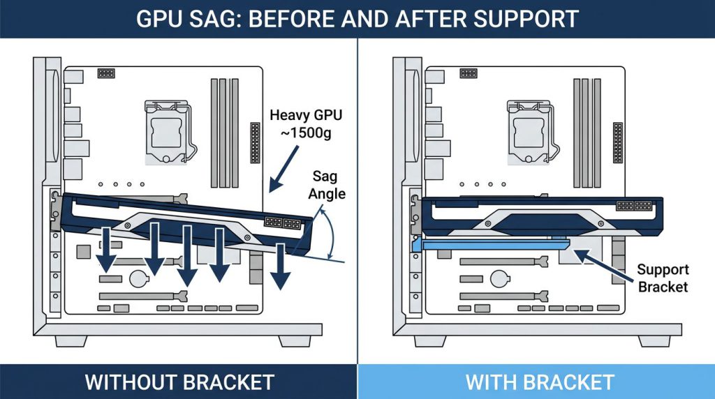 gpu sag comparison before and after support bracket heavy graphics card