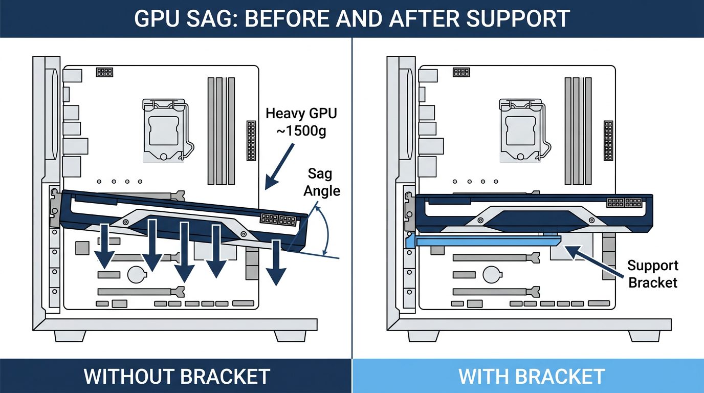 gpu sag comparison before and after support bracket heavy graphics card