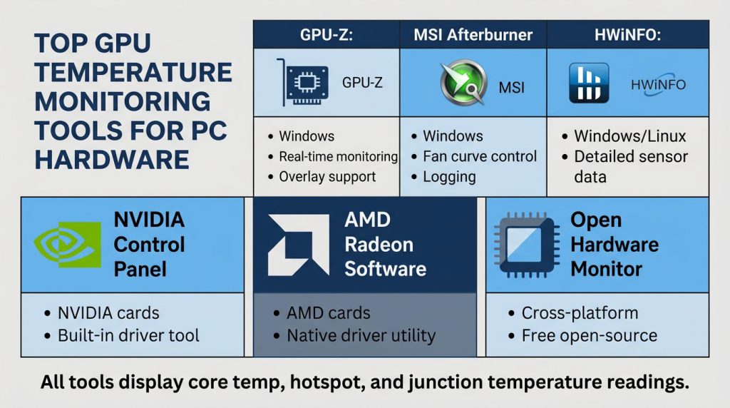 Infographic showing popular GPU temperature monitoring software tools and their features for Windows and Linux