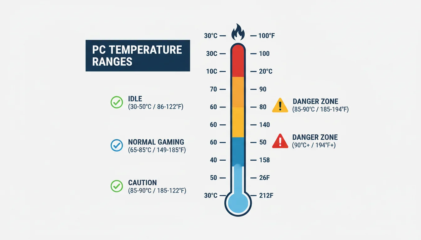 GPU temperature scale showing normal ranges: 30-50°C idle, 65-85°C gaming, 90°C+ danger zone