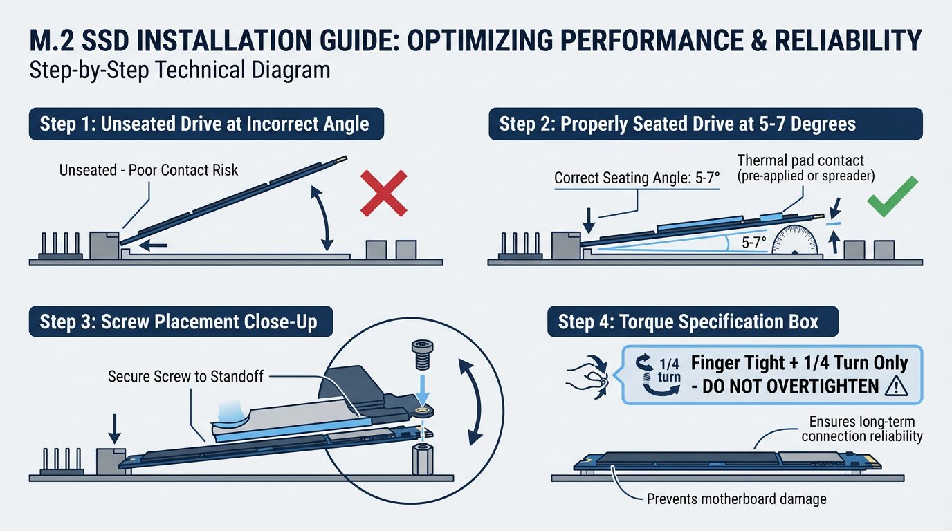 M.2 SSD installation guide showing proper seating angle, screw placement, and torque specifications