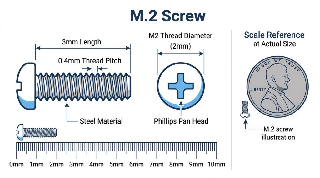 M.2 screw anatomy showing M2 x 3mm specifications with thread diameter and length labels