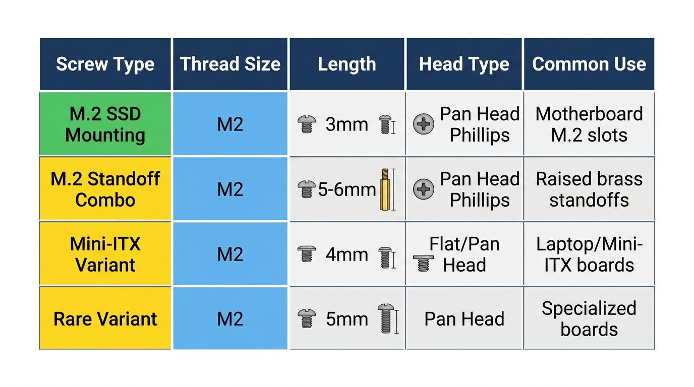 Comparison table of M.2 screw types showing sizes, thread specifications, and applications