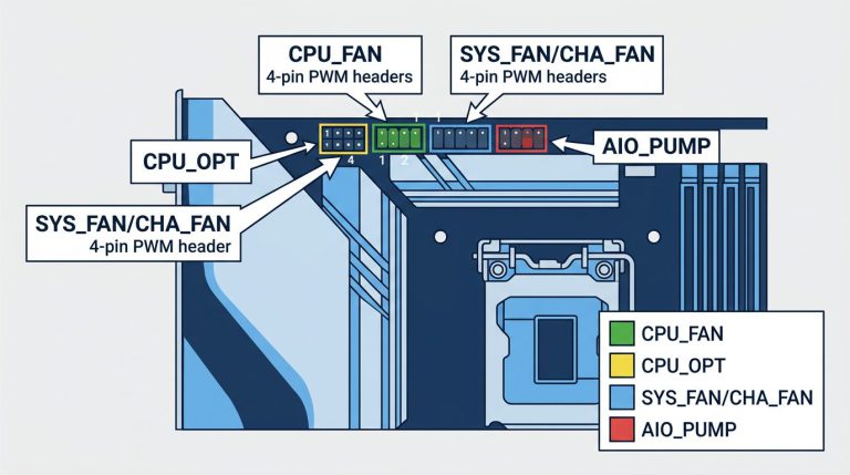 Motherboard CPU_FAN and CPU_OPT headers clearly labeled with arrows and pin descriptions