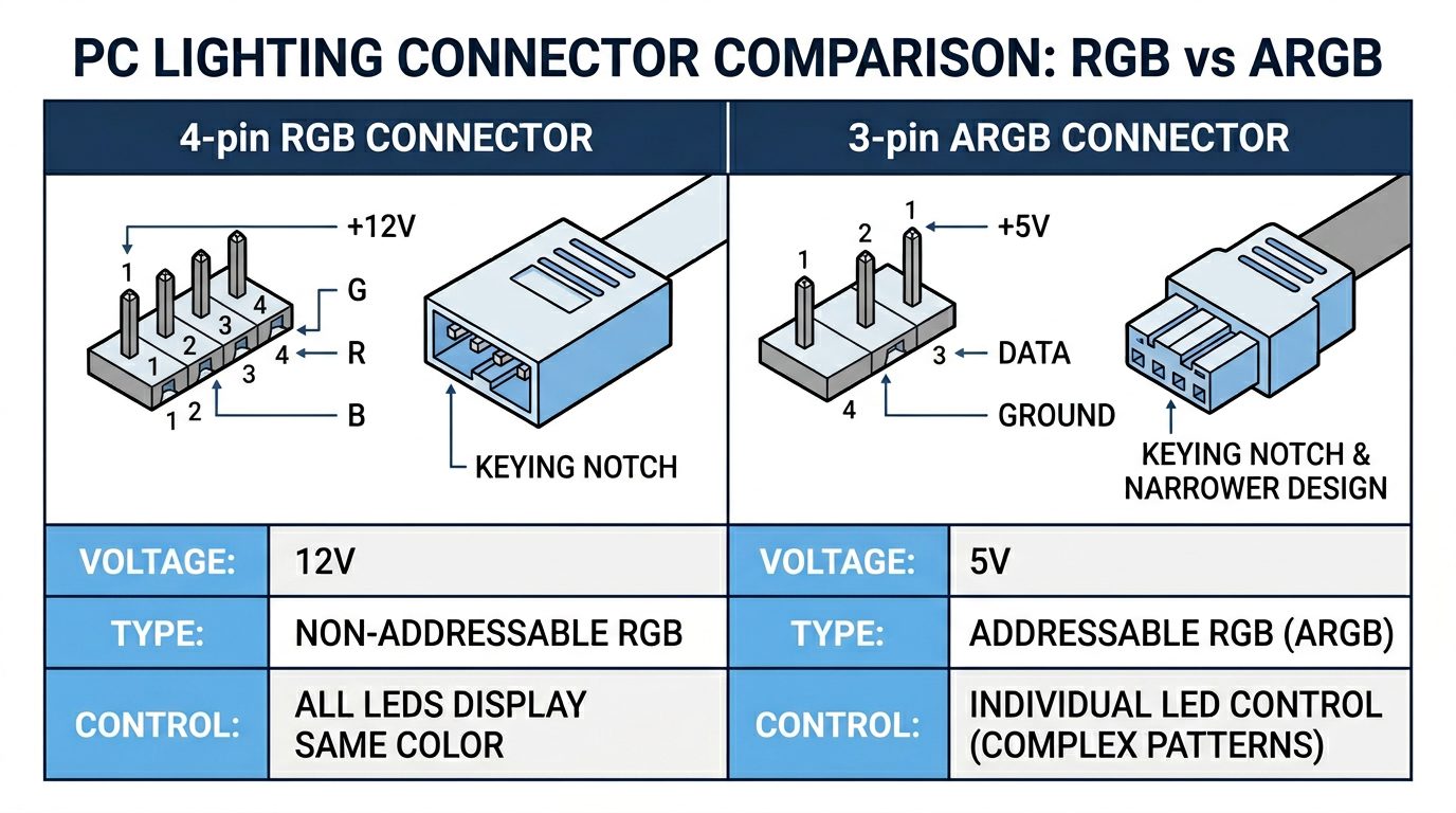 argb vs rgb connector pins 12v 4-pin rgb 5v 3-pin addressable led comparison
