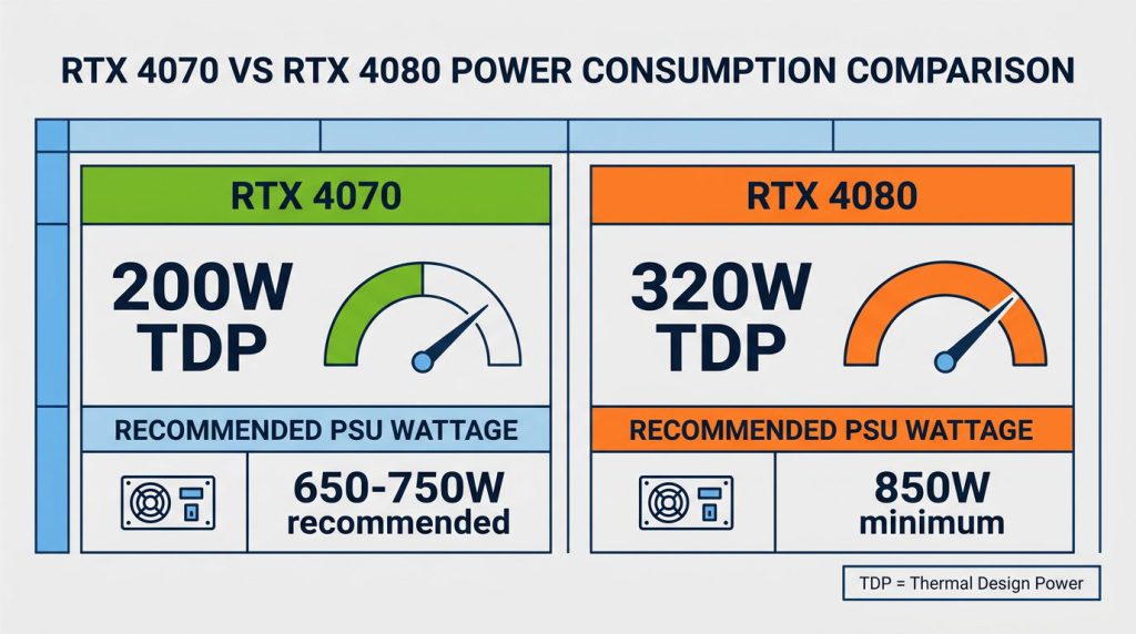 rtx 4070 vs 4080 power consumption TDP comparison 200W 320W