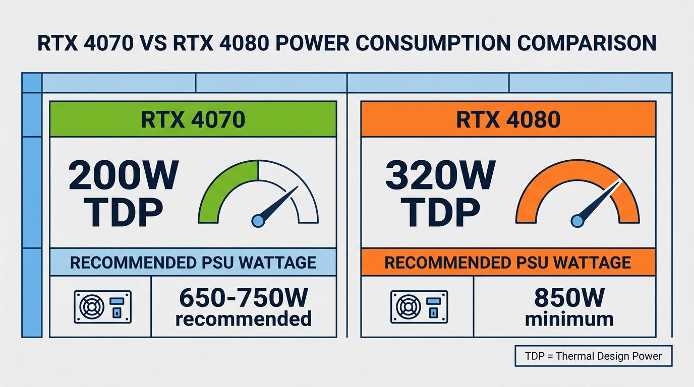 rtx 4070 vs 4080 power consumption TDP comparison 200W 320W