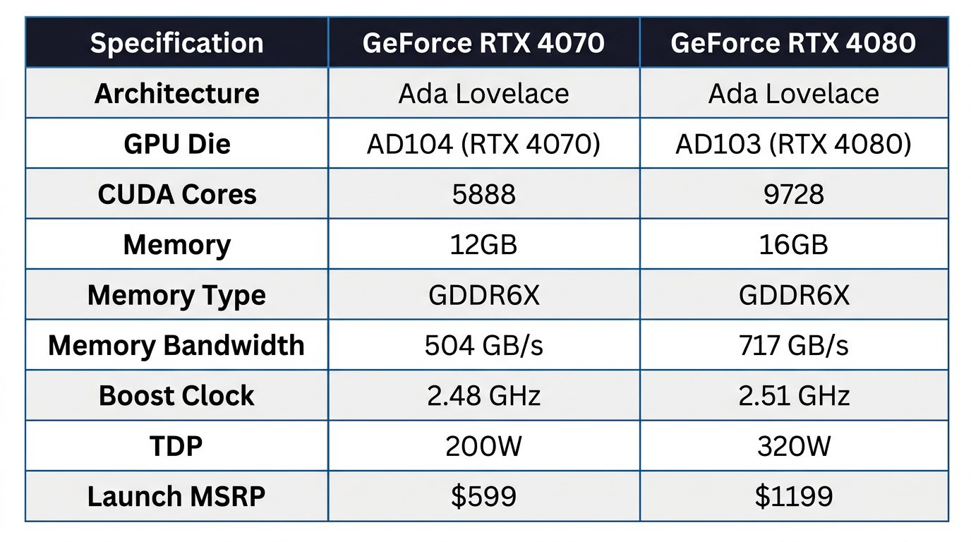 rtx 4070 vs 4080 specifications comparison cuda cores vram tDP