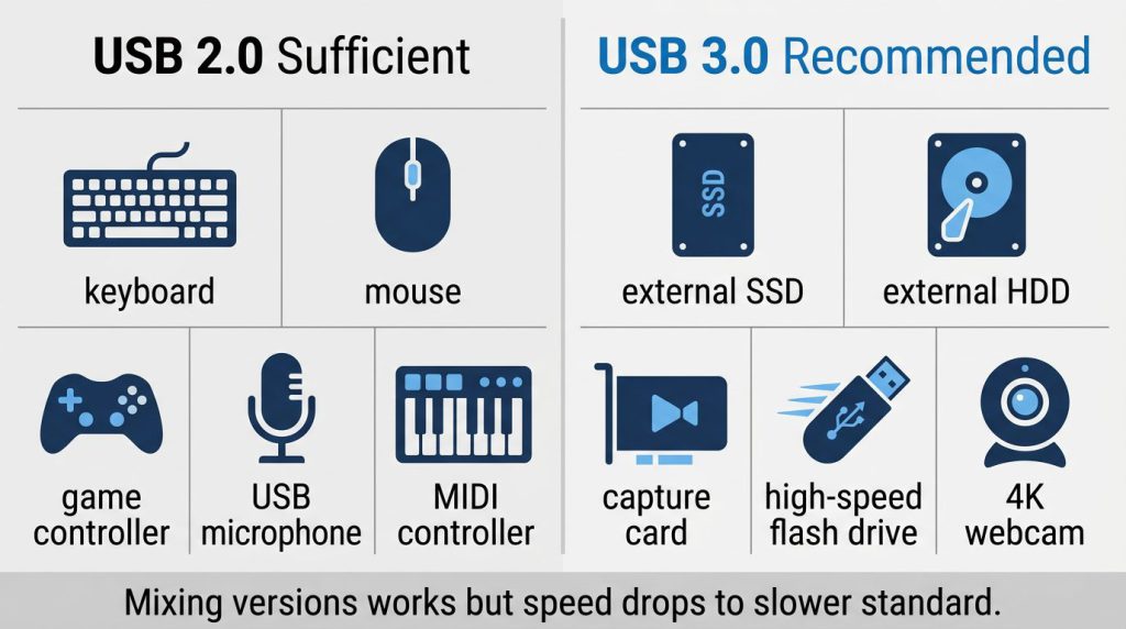 USB 2.0 vs USB 3.0 device compatibility keyboard mouse SSD webcam