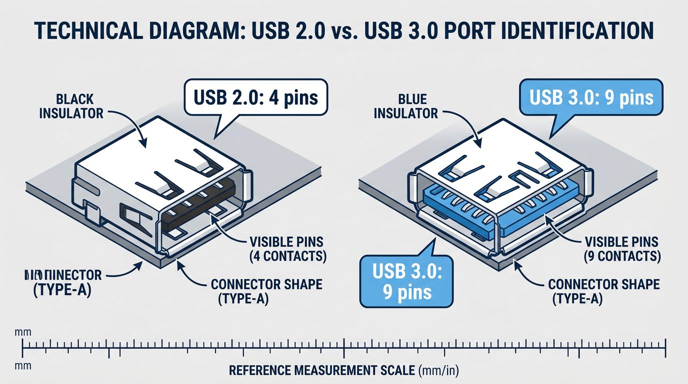 USB 2.0 black port vs USB 3.0 blue port physical connector comparison