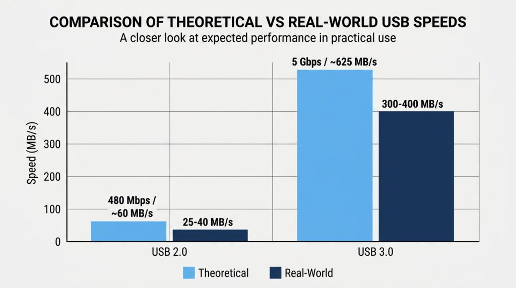 USB 2.0 vs USB 3.0 real-world transfer speed comparison chart MB/s