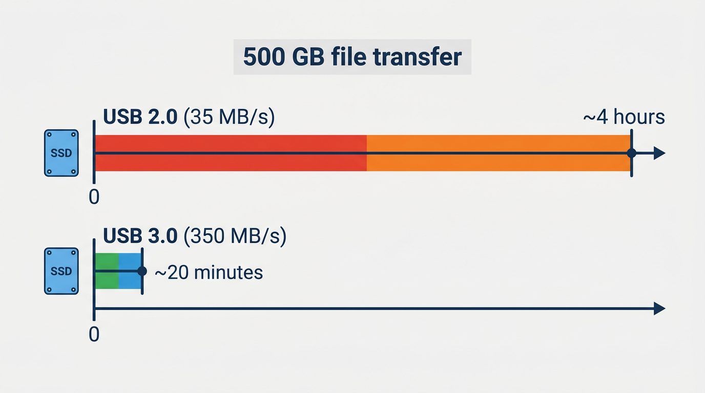 500GB external SSD transfer time USB 2.0 vs USB 3.0 duration comparison
