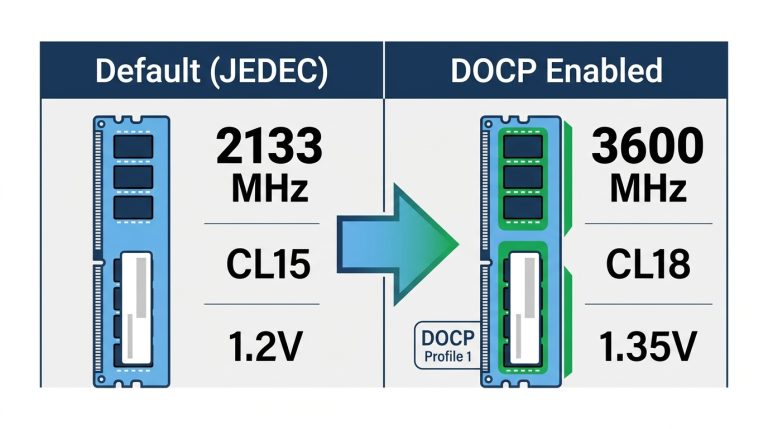 RAM speed comparison default JEDEC 2133 MHz versus DOCP enabled 3600 MHz