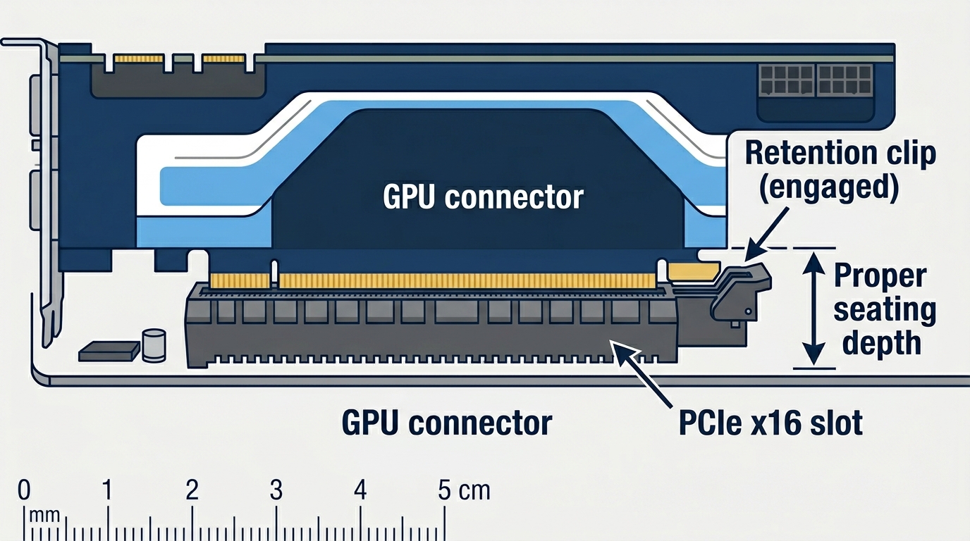 GPU PCIe slot connection motherboard seating alignment bracket