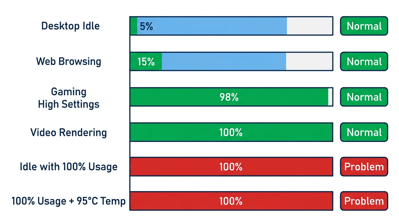 GPU usage scenarios chart normal idle gaming rendering temperature