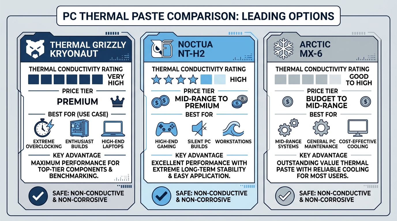 Thermal Grizzly Kryonaut versus competitors Noctua NT-H2 and Arctic MX-6 comparison