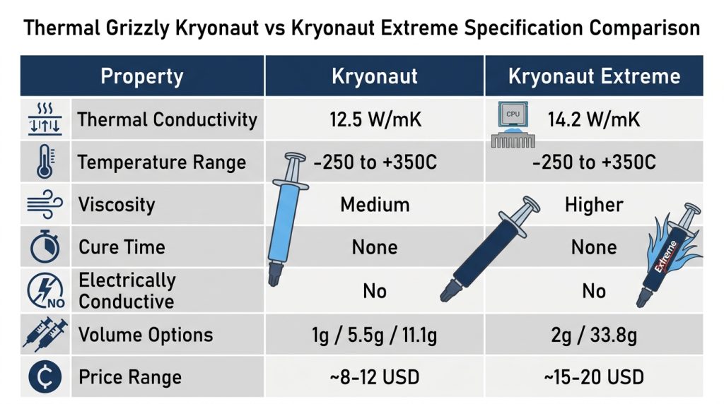Kryonaut vs Kryonaut Extreme specs comparison table showing thermal conductivity and pricing