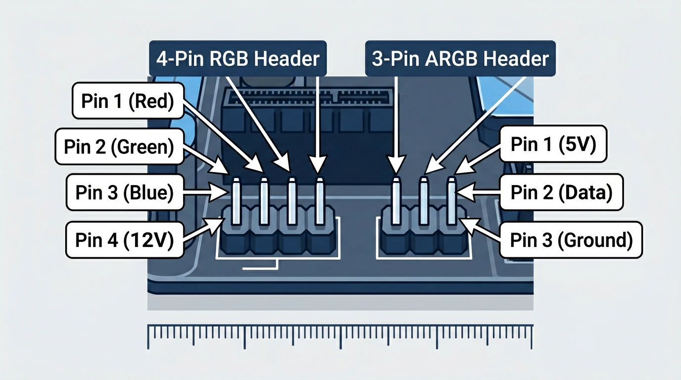 4-pin 12V RGB header and 3-pin 5V ARGB header on motherboard with pinout labels