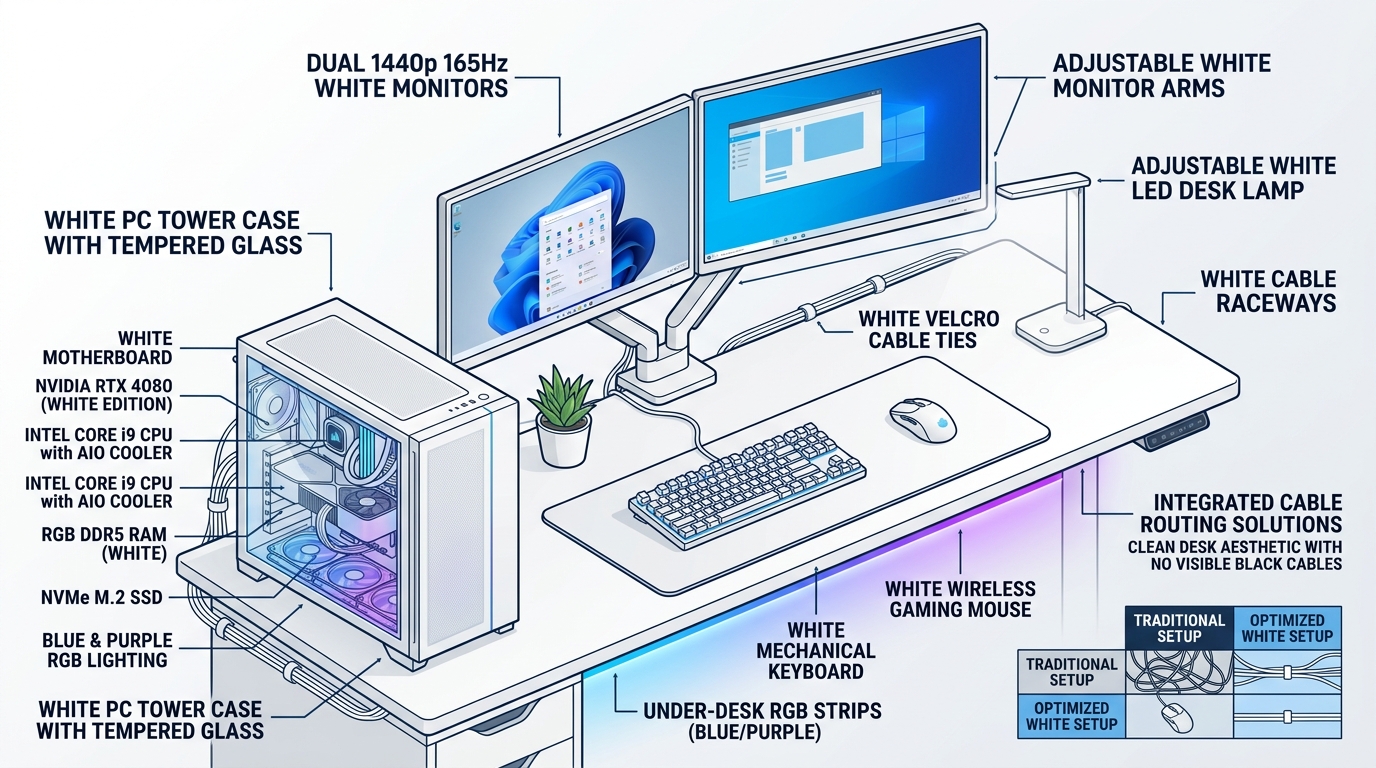 complete white gaming desk setup dual monitors white PC case RGB lighting cable management