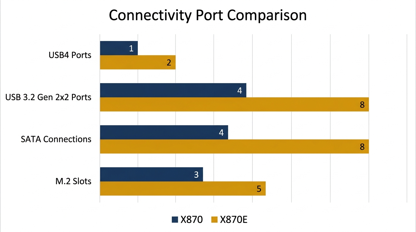 X870 X870E USB ports SATA connections M.2 slots connectivity count bar chart