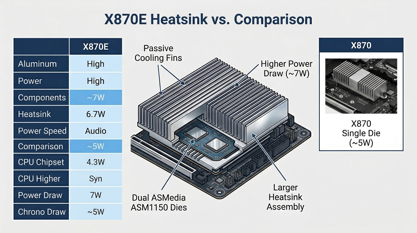 X870E motherboard chipset heatsink dual die larger cooling fins passive design
