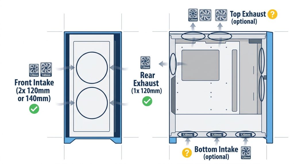 ATX mid-tower case fan placement front rear top bottom positions