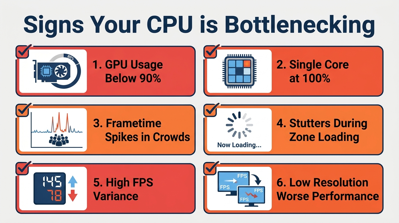 Checklist showing common signs of CPU bottleneck during gaming including stutters and low GPU usage