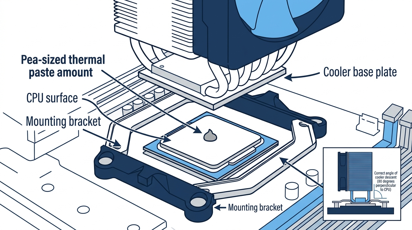 CPU cooler with thermal paste application showing proper pea-sized amount and correct mounting angle on processor
