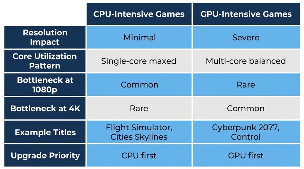 Comparison table showing characteristics of CPU-intensive vs GPU-intensive games including resolution scaling, core utilizati