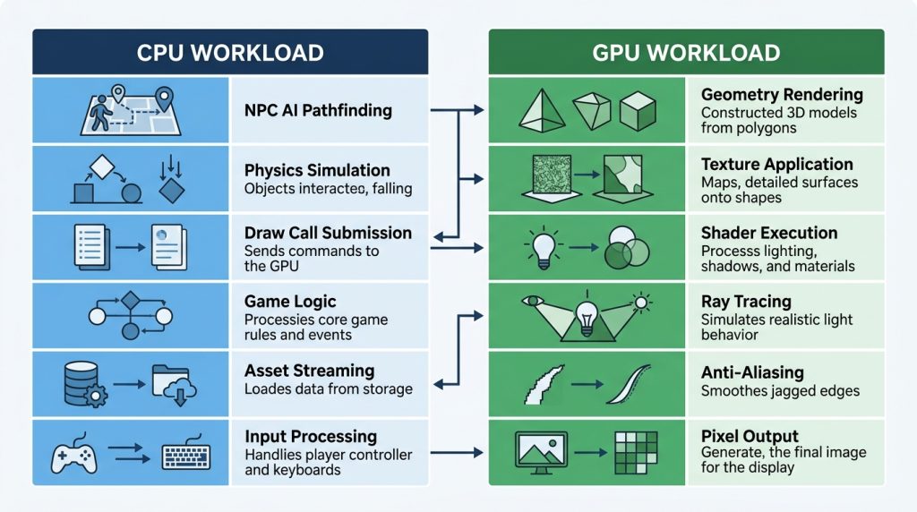 CPU vs GPU workload distribution showing AI, physics, streaming on CPU side and rendering, shaders, ray tracing on GPU