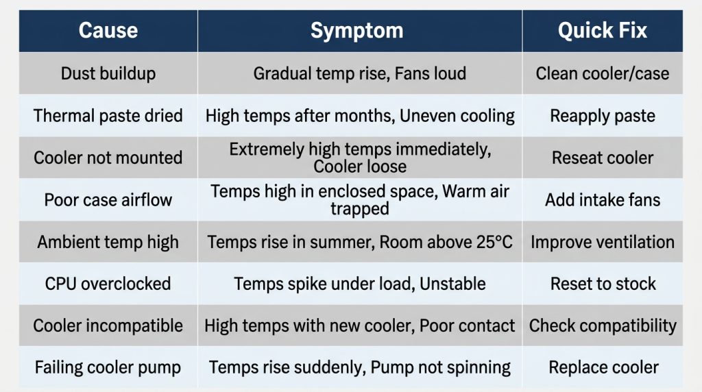 Comparison table of 8 CPU overheating causes with symptoms and quick fixes