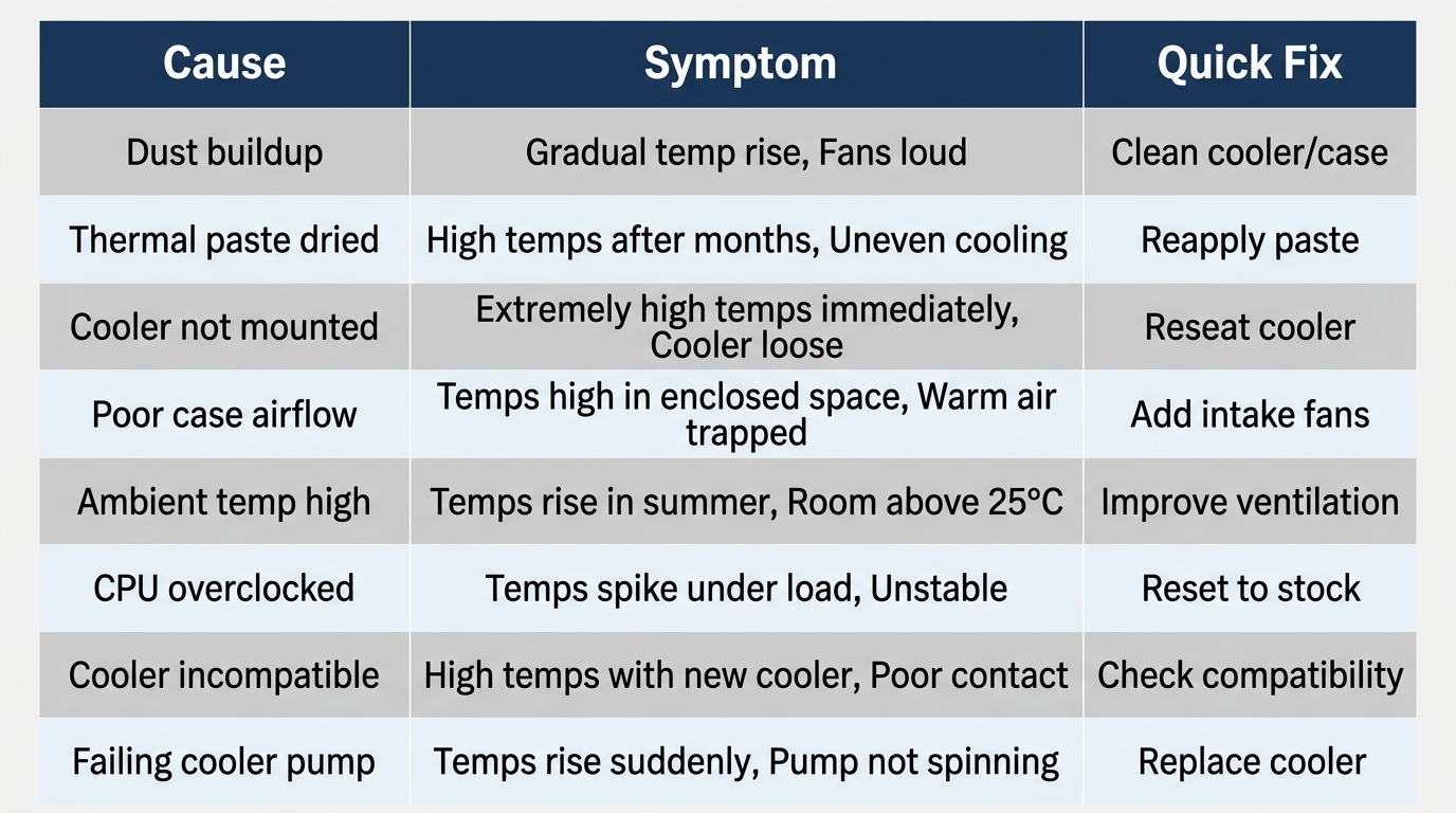 Comparison table of 8 CPU overheating causes with symptoms and quick fixes