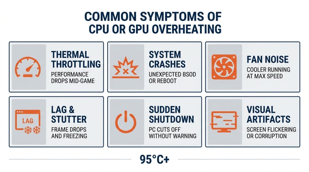 Infographic showing 6 warning signs of CPU overheating: throttling, crashes, noise, lag, shutdowns, artifacts