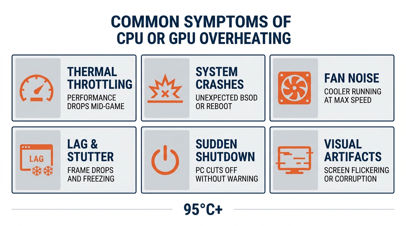 Infographic showing 6 warning signs of CPU overheating: throttling, crashes, noise, lag, shutdowns, artifacts