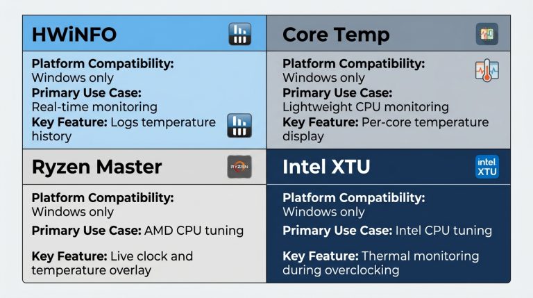 Infographic comparing CPU temperature monitoring software: HWiNFO, Core Temp, Ryzen Master, Intel XTU with key features