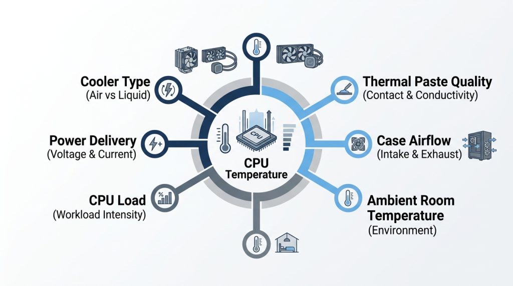 Diagram showing six factors affecting CPU temperature: cooler type, thermal paste, case airflow, ambient temperature, CPU load
