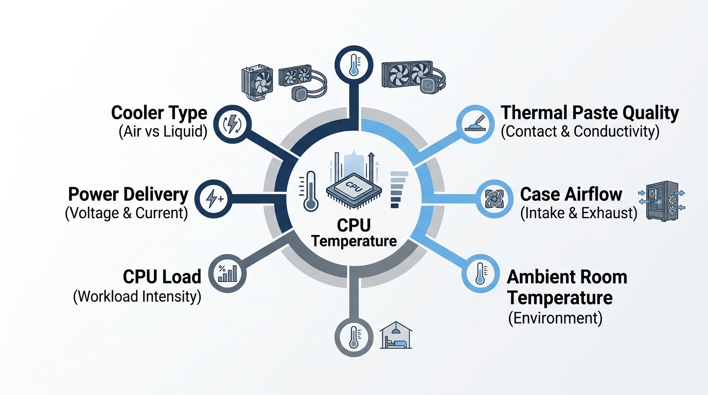 Diagram showing six factors affecting CPU temperature: cooler type, thermal paste, case airflow, ambient temperature, CPU loa