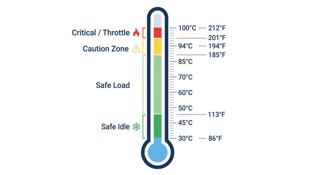 CPU temperature scale from 30°C to 100°C showing safe, caution, and critical zones