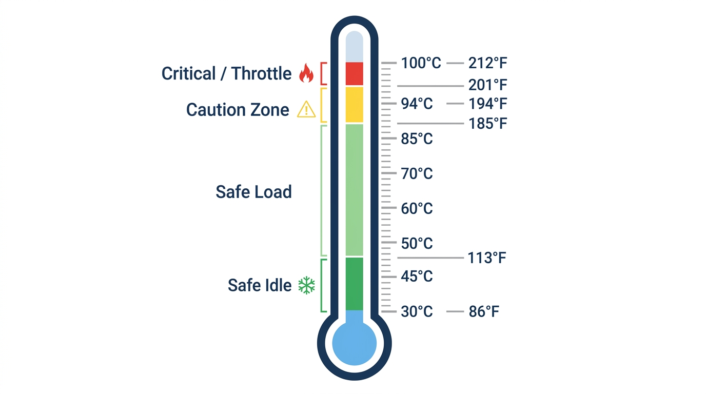 CPU temperature scale from 30°C to 100°C showing safe, caution, and critical zones