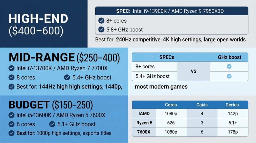 Tiered CPU recommendation guide showing budget, mid-range, and high-end processors matched to gaming performance targets