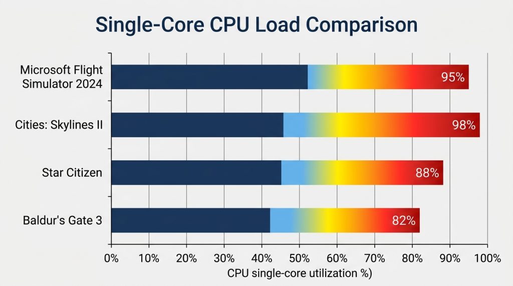 Bar chart comparing single-core CPU utilization across Flight Simulator 2024, Cities Skylines II, Star Citizen, and Baldurs G