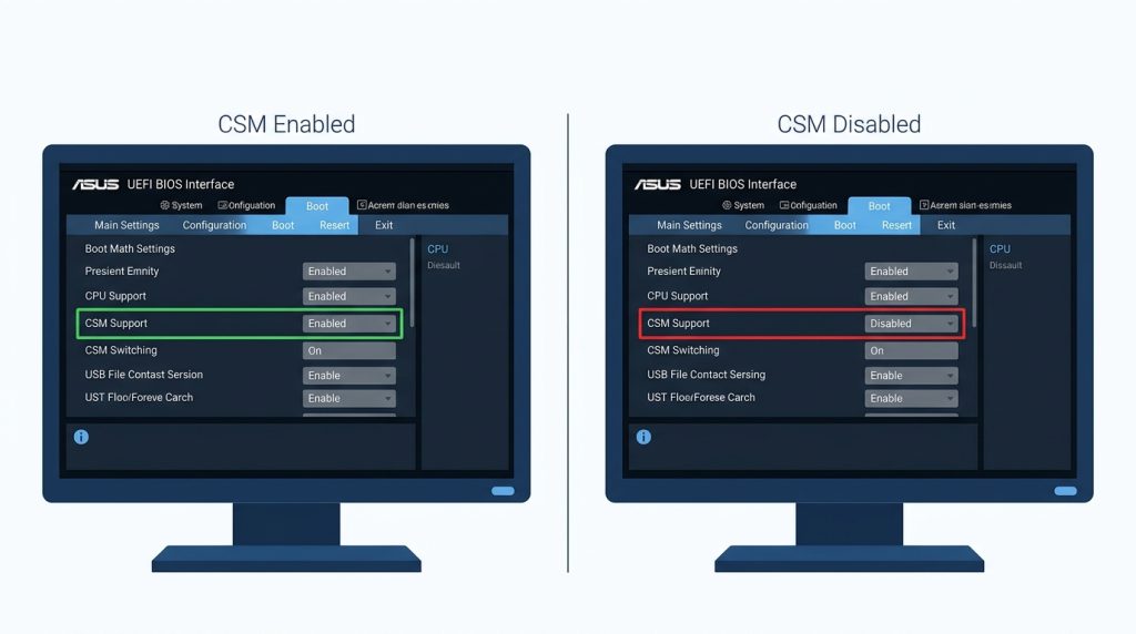 ASUS UEFI BIOS Boot tab showing the CSM Support toggle in enabled and disabled states
