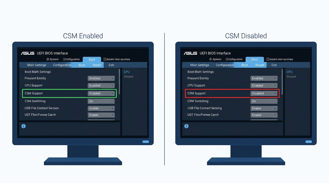 ASUS UEFI BIOS Boot tab showing the CSM Support toggle in enabled and disabled states