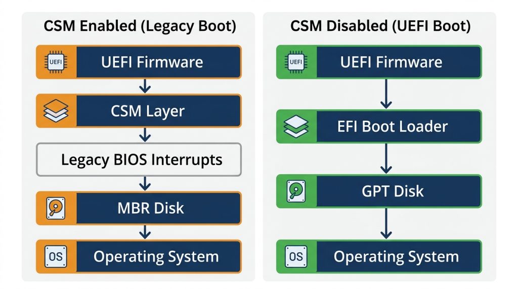 Diagram comparing the firmware boot chain with CSM enabled versus CSM disabled on a UEFI motherboard