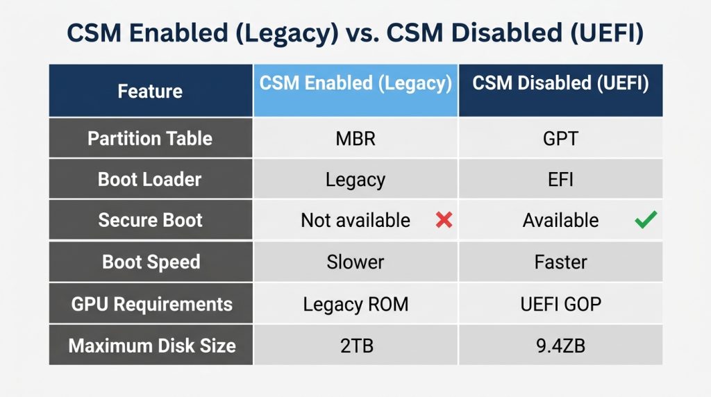 Chart showing differences between CSM Legacy mode and Pure UEFI mode for partition format, Secure Boot, and driver support