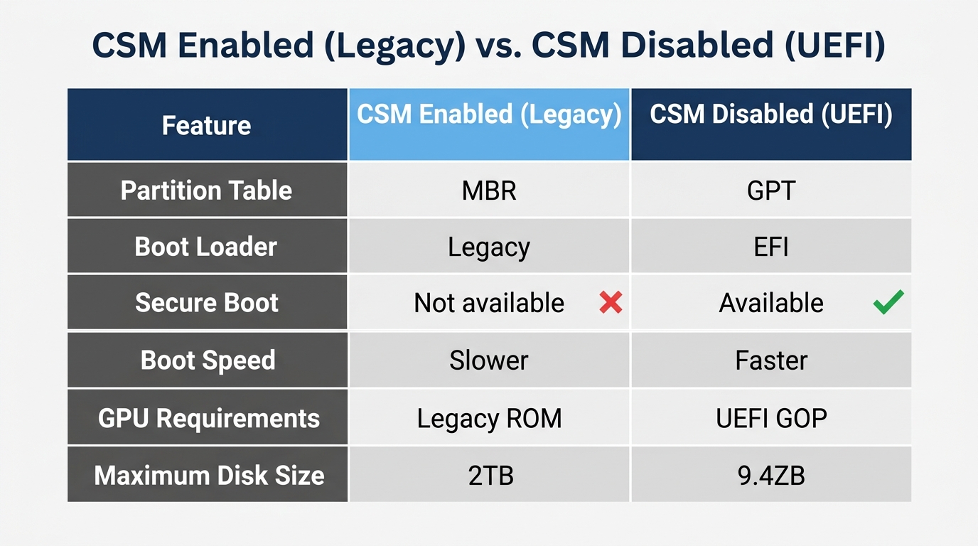 Chart showing differences between CSM Legacy mode and Pure UEFI mode for partition format, Secure Boot, and driver support