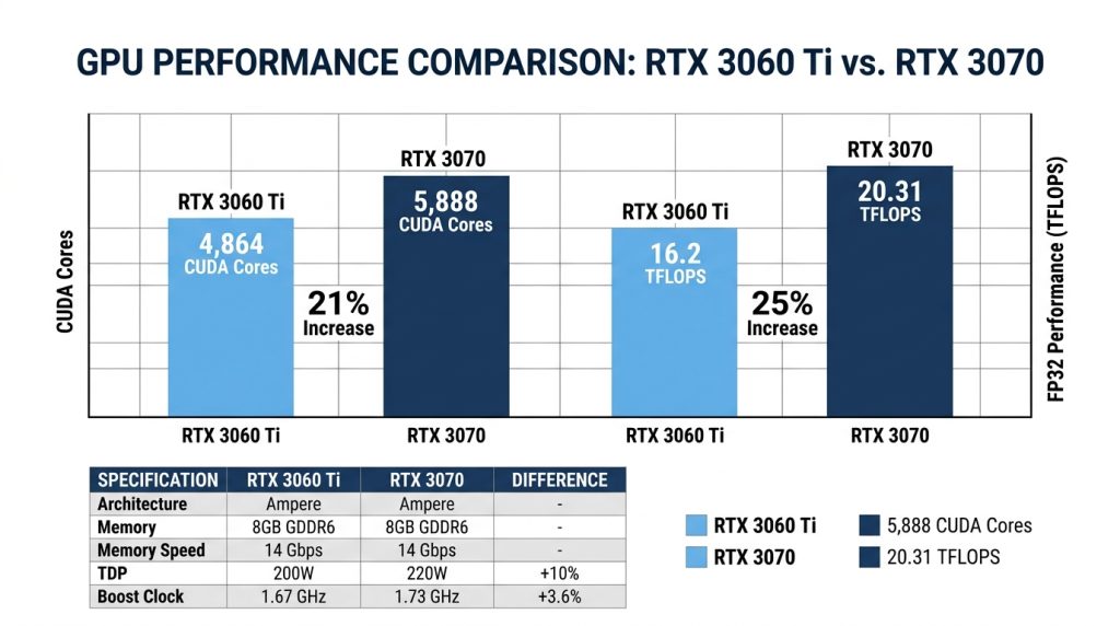 CUDA cores and FP32 performance comparison RTX 3060 Ti 3070 bar chart