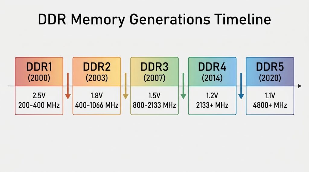 DDR memory generations timeline showing voltage drop and speed increase from DDR1 to DDR5